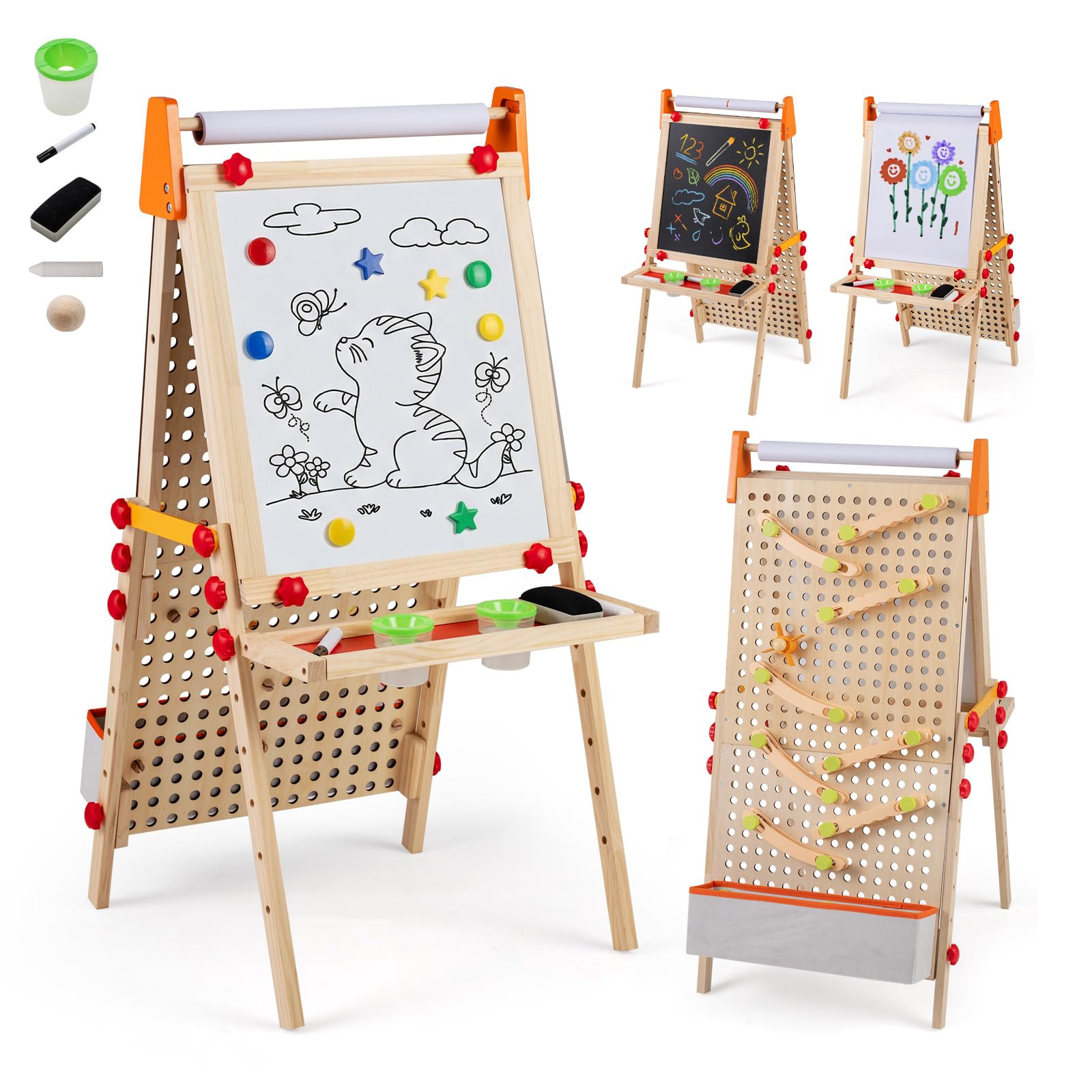 COSTWAY Tafel Kinder, Holz Spieltafel doppelseitig mit Magnet-Whiteboard, Papierrolle, Ablagefach & Murmelbahn, klappbare und höhenverstellbare Standtafel mit Zubehör für Kinder ab 3 Jahren