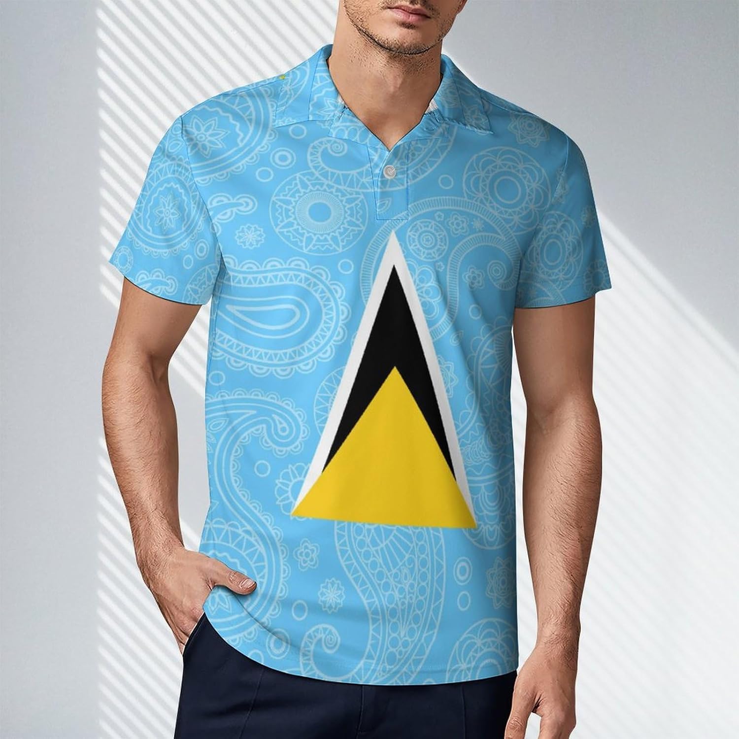 Saint Lucia Flag Paisley Pattern Novelty Men's Short Sleeve Shirt Golf Tennis Shirts Work T-Shirt Sport Tee