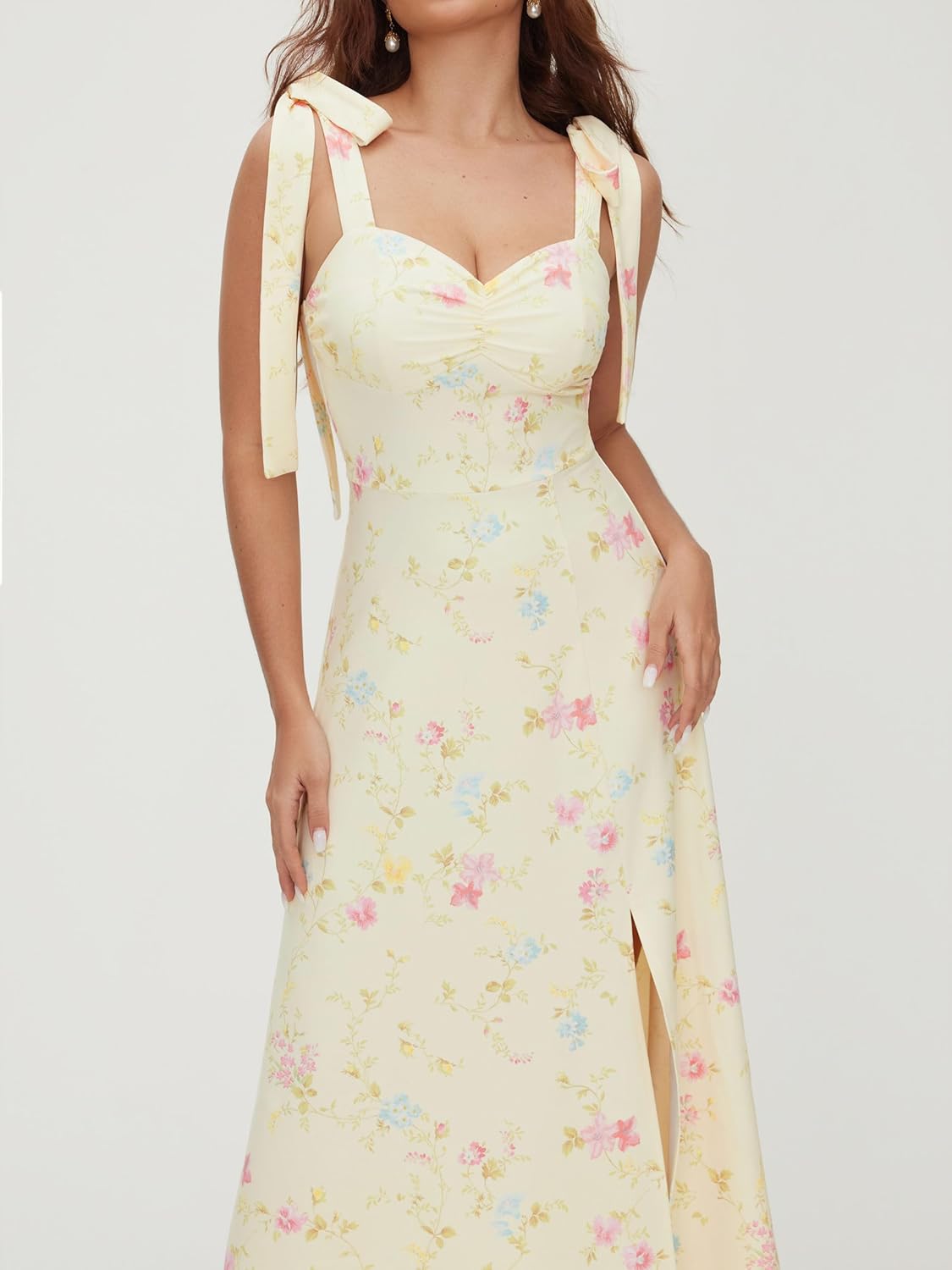 CIDER 女性用サンドレス フローラル ミディ ボーホー ドレス スクエアネック 蝶ネクタイ キュート カジュアル ドレス ウェデ