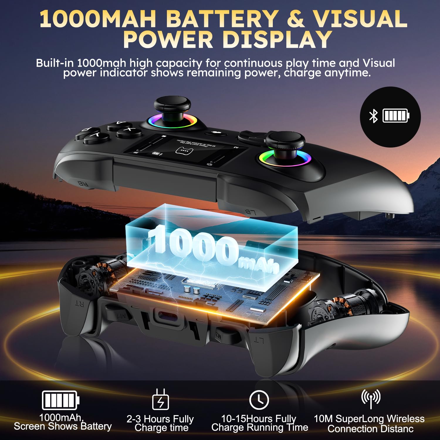 Interactive Screen Wireless Gaming Controller, Compatible with PC/PS4/Switch/Android/iOS, 4 Programmable Buttons, Turbo, 6-axis Gyro, Dual Vibration, RGB Lighting, Share, Screenshot, 1000mAh, Wake-up, Black