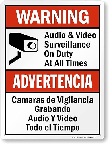 Vista 15 de SmartSign -S-9392-AL-14 Advertencia - Vigilancia de audio y video en servicio en todo momento Aluminio de 10" x 14" - Negro/Rojo sobre Blanco