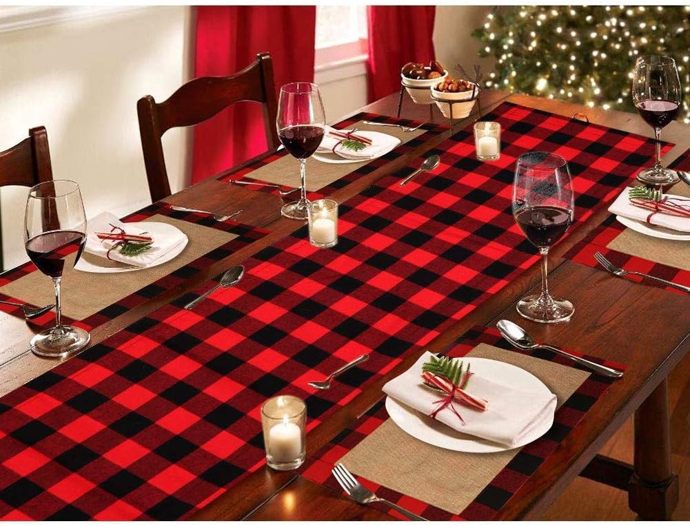 🔥 Crazy Deals AerWo 6pcs Christmas Buffalo Plaid Placemats, Waterproof Cotton & Burlap Red and Black Buffalo Check Placemats for Christmas Holiday Table Decorations