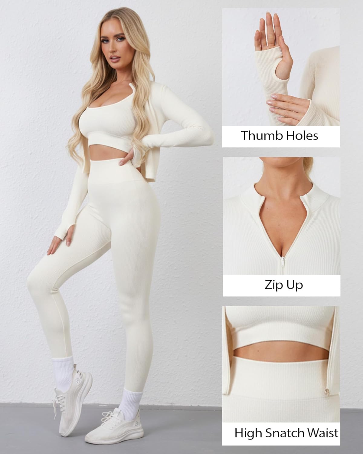 Women 3 Piece Seamless Workout Set Sports Bra High Waisted Gym Yoga Leggings Zip Up Jacket with Thumbhole Activewear - Image 5