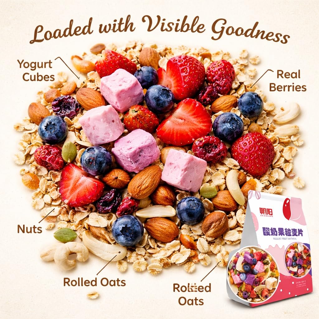 500g Jogurtowa Granola Płatki Z Kawałkami Prawdziwych Owoców I Orzechami Pieczone Muesli Przekąska Śniadaniowa Zdrowa Chrupiąca Niesmażona