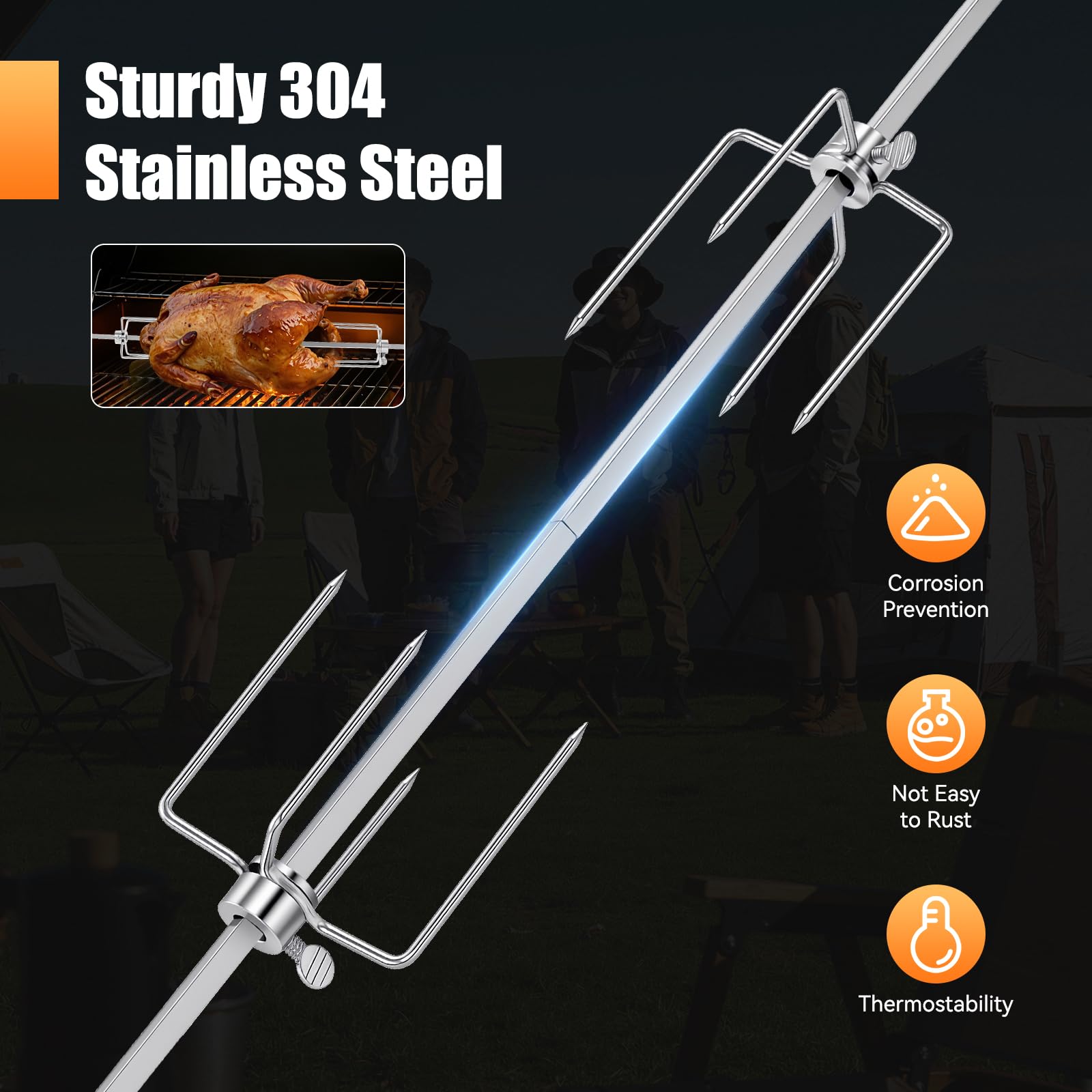 Juego de pinchos giratorios eléctricos, juego de brochetas de acero inoxidable, 220-240 V, pincho giratorio para barbacoa esférica, parrilla de carbón vegetal, barbacoas de gas y asador