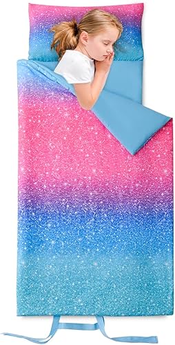 NTBED Alfombrilla para siesta con almohada extraíble bolsa de dormir con purpurina rosa y morado para niños y niñas saco de dormir de viaje para