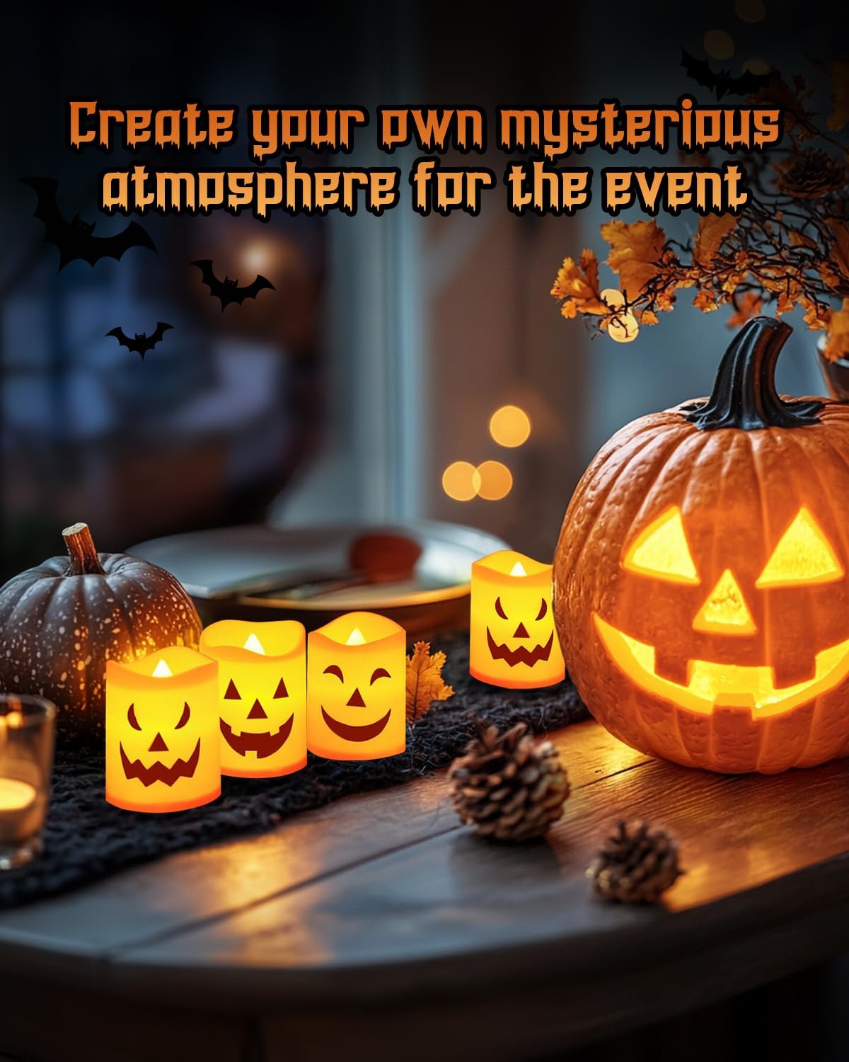 Halloween Flameless Votive Candles, Orange Battery Operated Candles, Tea Light Halloween Candle Decorations Indoor, Batteries Included (6 Pack, 1.37” x 1.77”)