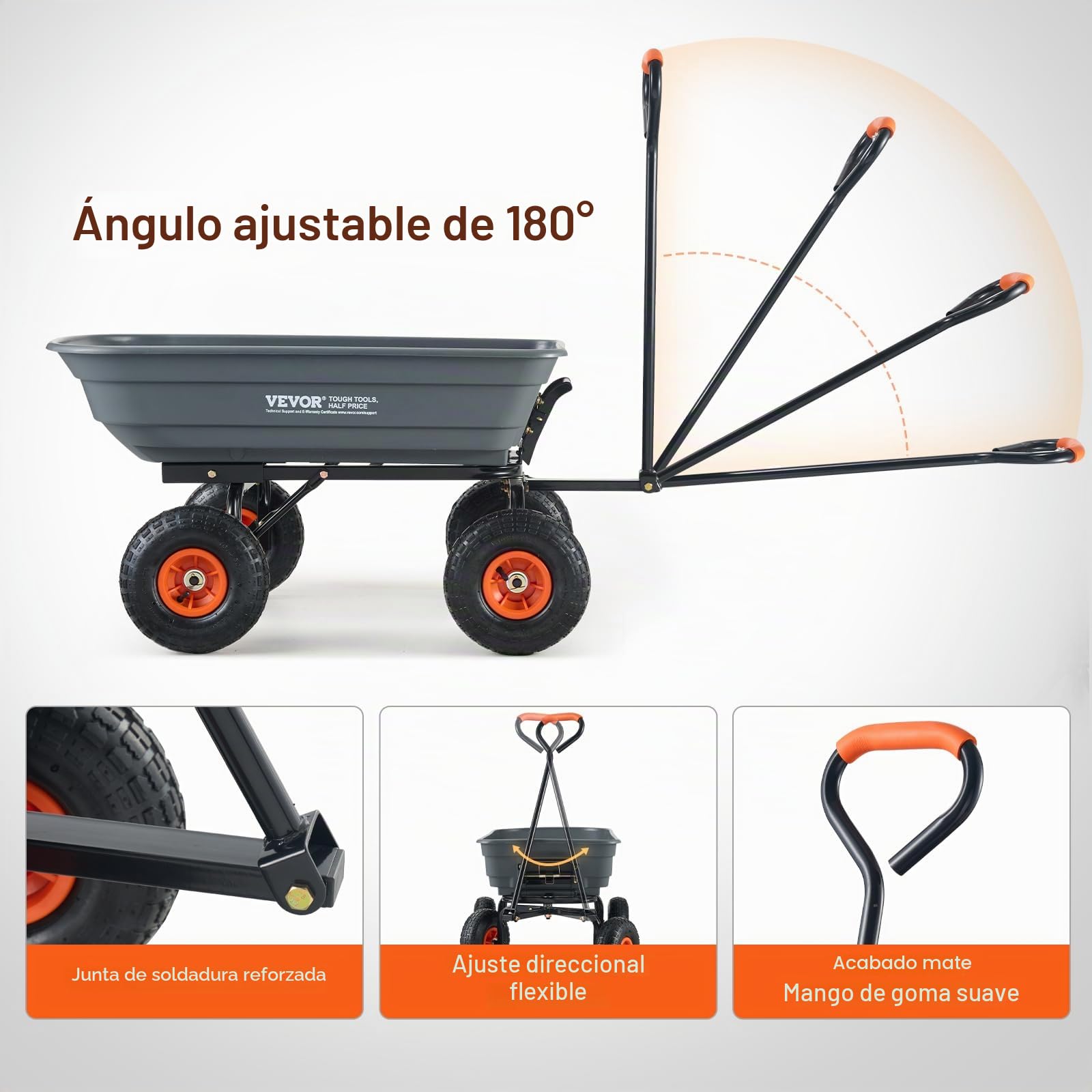 VEVOR Carro Volquete de Polietileno para Jardín con Marco de Acero Fácil de Montar, 2 en 1 Carro Volquete con Mango Convertible con Neumáticos de 255 mm, 270 kg de Capacidad para Jardín, Patio