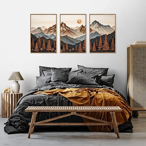 Miniatura 5 de HLNIUC Juego de arte de pared en lienzo con marco de montaña estilo bohemio grande, decoración de pared de montaña estilo Woodcut, impresiones