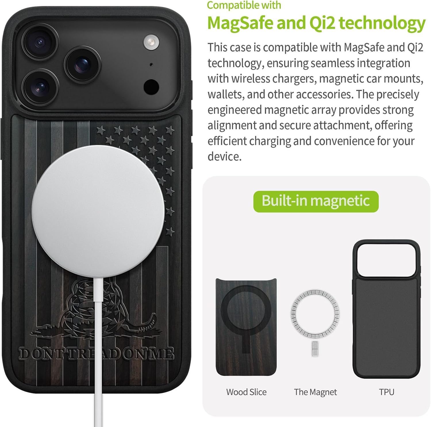 Carveit Magnetic Wooden Case for iPhone 17 Pro Max Case, Wood Artisan Engraved & Black Soft TPU Shockproof Cover, Compatible with MagSafe Wireless Chargers (Gadsden and The American Flag) Blackwood - Image 5