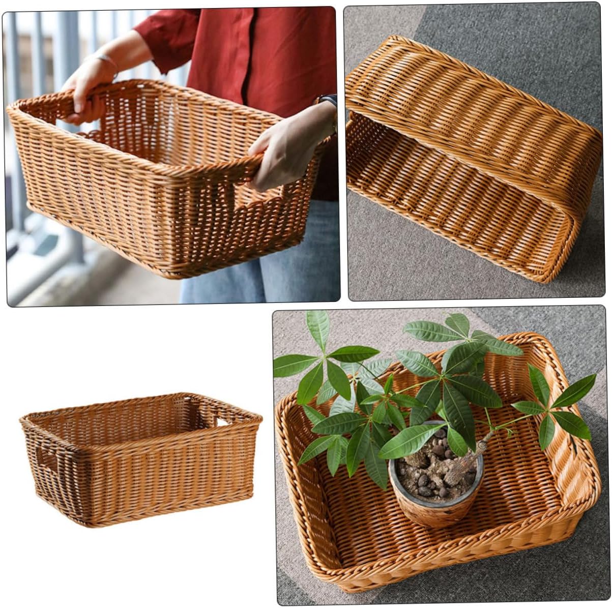 Woven Basket Organizer Imitation Rattan Kitchen Storage Book Holder Home Decor Natural Texture