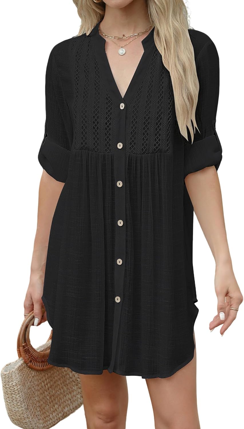 Bsubseach Women Beach Cover Ups V Neck Button Down Swimsuit Coverup Summer Swim Long Sleeve Cover Up Dress - Image 8