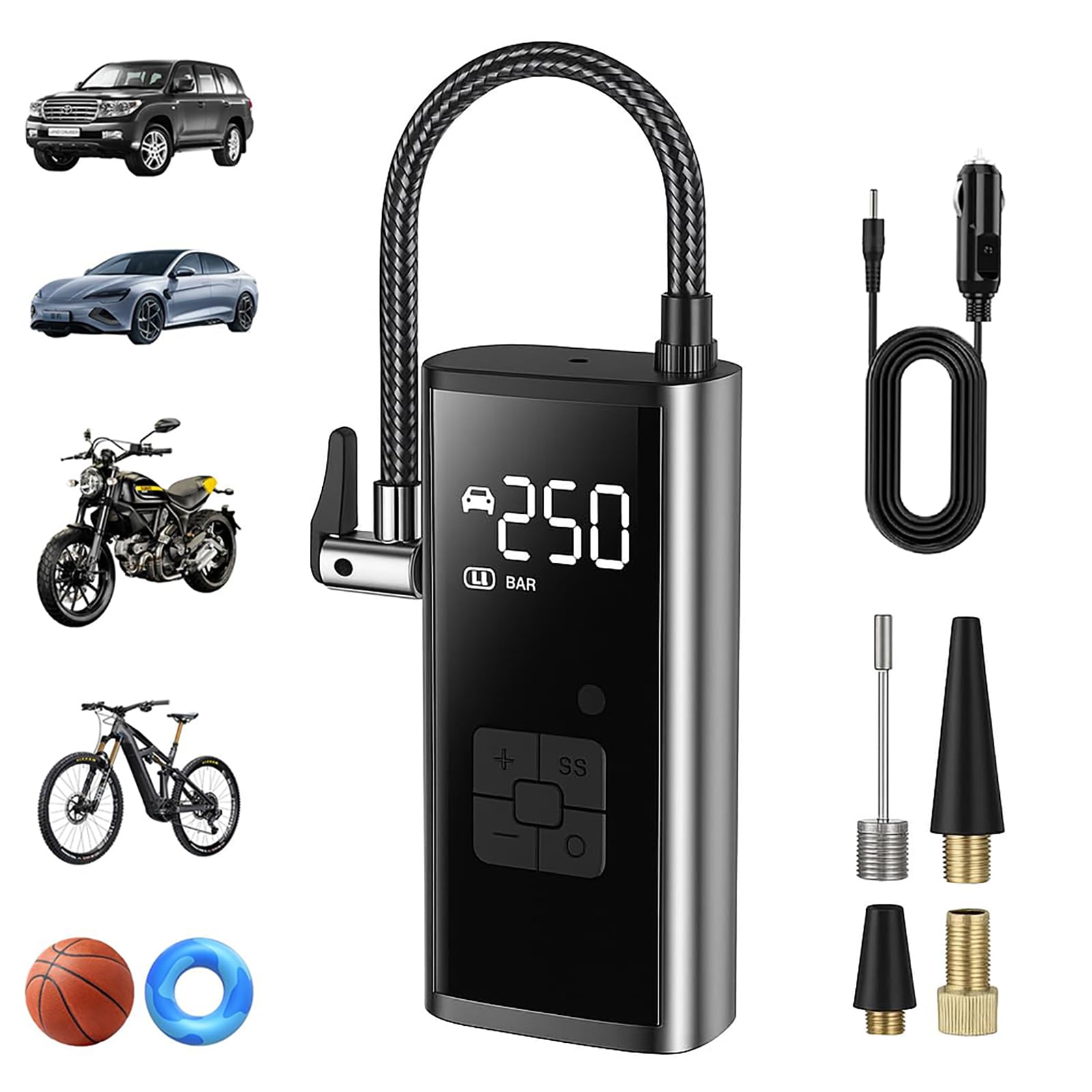LiKiLiKi Inflador de neumáticos inalámbrico de 150 PSI, compresor de aire portátil con manómetro digital y luz LED, bomba de neumáticos recargable para coche, bicicleta, motocicleta y pelotas