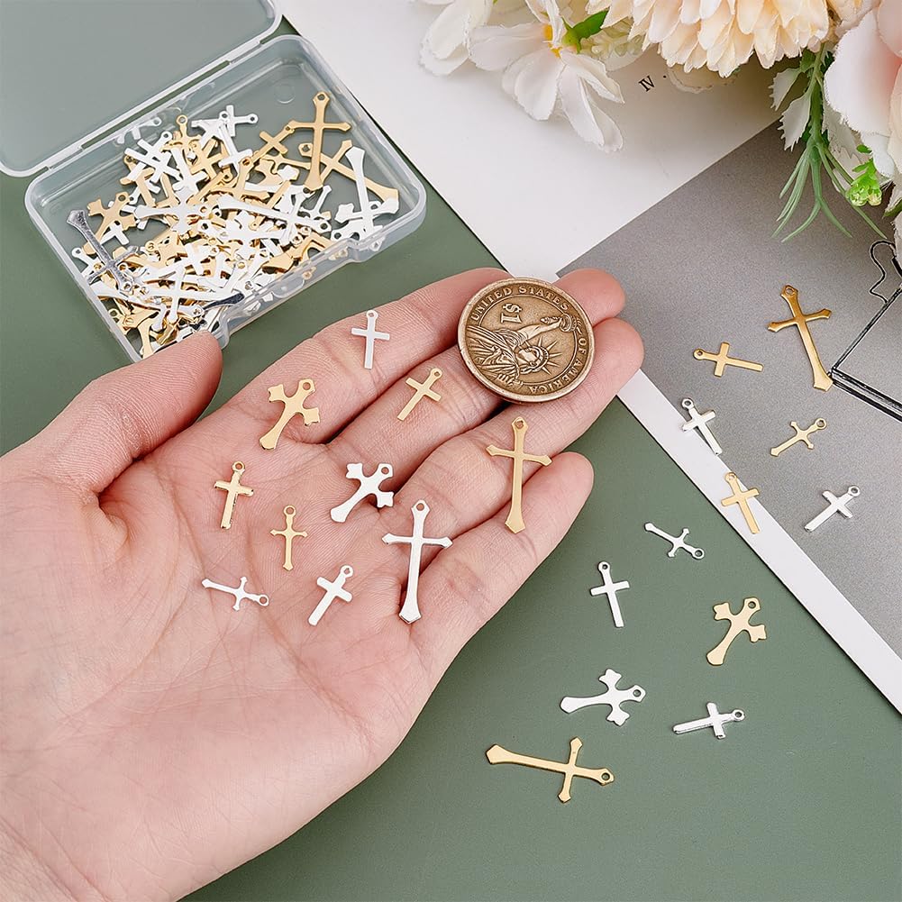 PH PandaHall 100pcs Cross Pendant Cross Dangle Charms, 5 Styles Brass Cross Pendant 12~24mm Mini Findings Charms for Easter Necklace Bracelet Earrings Keychain Jewelry Making, Gold Silver