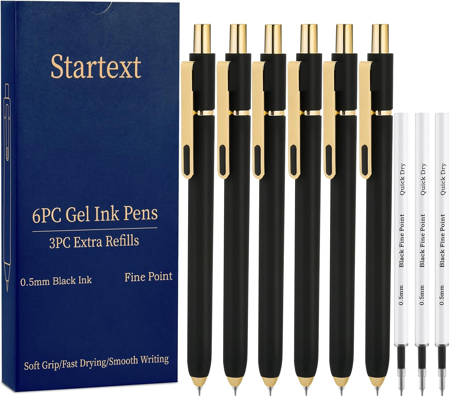 6Pcs Gel Pens-0.5mm Fine Point Black Ink with 3 Extra Refills, Soft Comfortable Grip,Smooth Fluent Writing,Retractable Design for Men Journal,Business Office and Nurse Note Taking(Black)