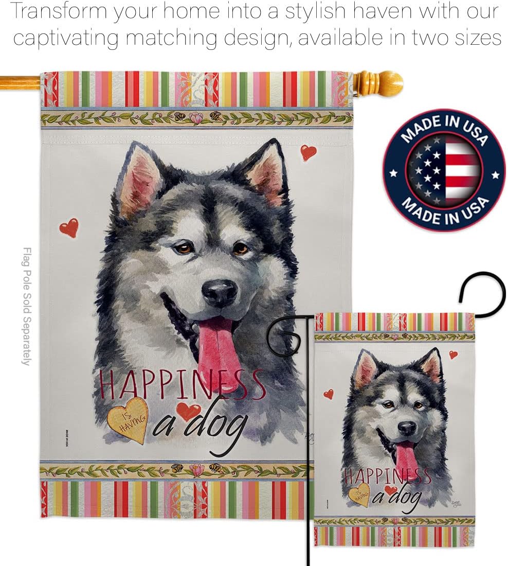 Breeze Decor Alaskan Malamute Happiness House Flag Pack Dog Puppy Spoiled Paw Canine Fur Pet Nature Farm Animal Creature Vintage Applique Banner Small Garden Yard Gift Double-Sided, Made in USA