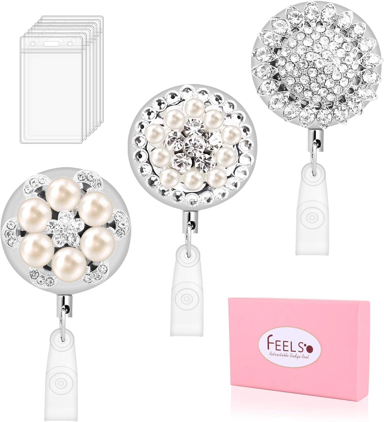 Retractable Badge Holder Reel, FEELSO Metal Heavy Duty Bling Badge Holder with Belt Clip and 9pcs Plastic ID Card Badge Holders, Steel Wire Cord Reel Up to 25 inch (3 Pack)