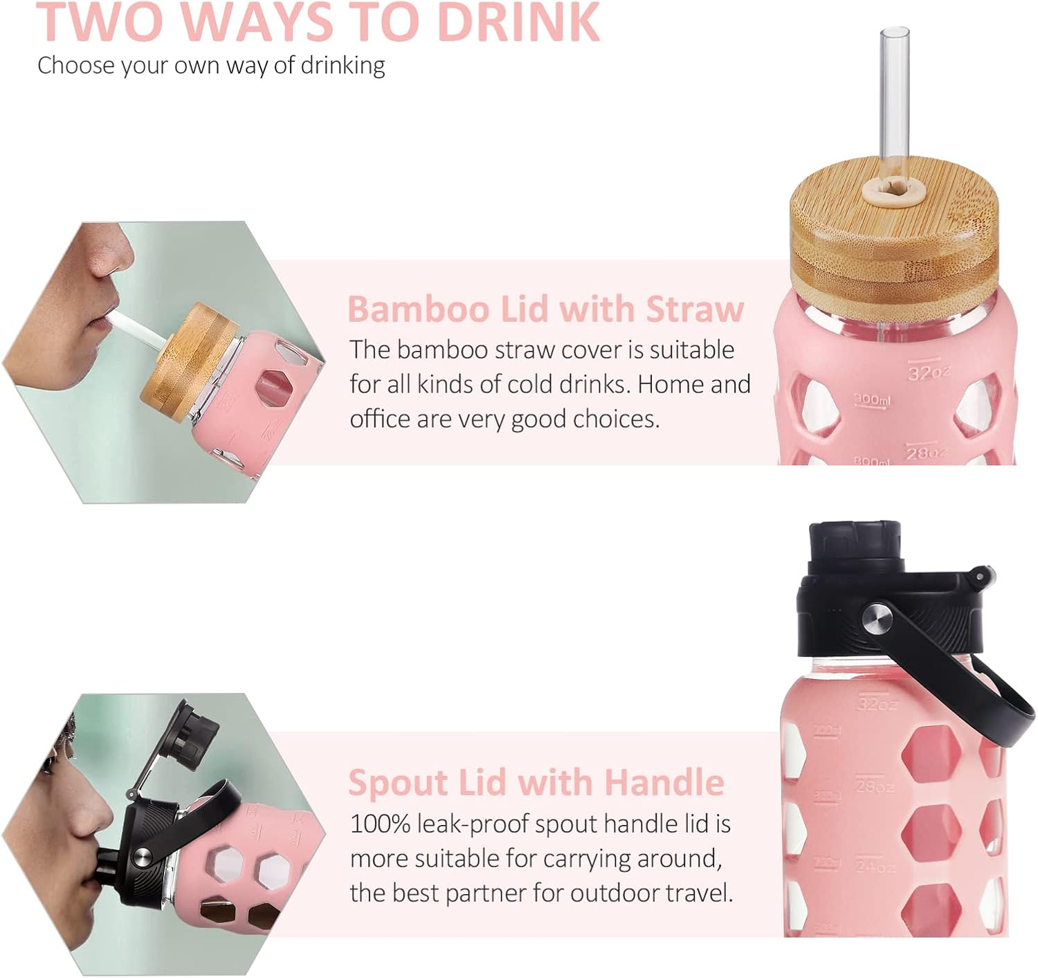 MUKOKO 32oz Glass Water Bottles with 2 Lids-Handle Spout Lid&Bamboo Straw Lid, Motivational Water Tumbler with Time Marker Reminder and Silicone Sleeve, Leakproof-Pink-1 Pack - Image 3