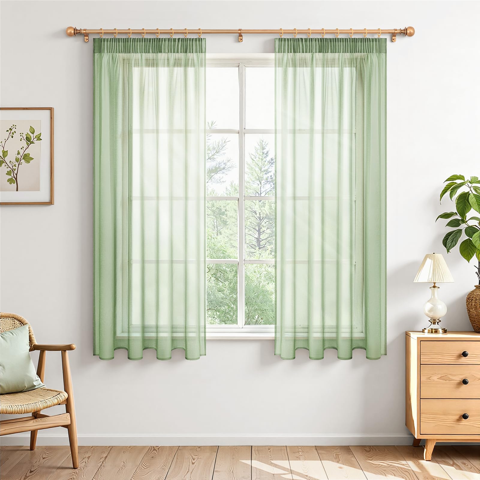 MRTREES Curtains with Ruffle Tape, Store Curtains, Sage Green, Short, Transparent, 145 x 140 cm (H x W), Tab-Top Curtains, Set of 2, Linen Look Curtains for Living Room, Bedroom, Girls, Youth โ image 1