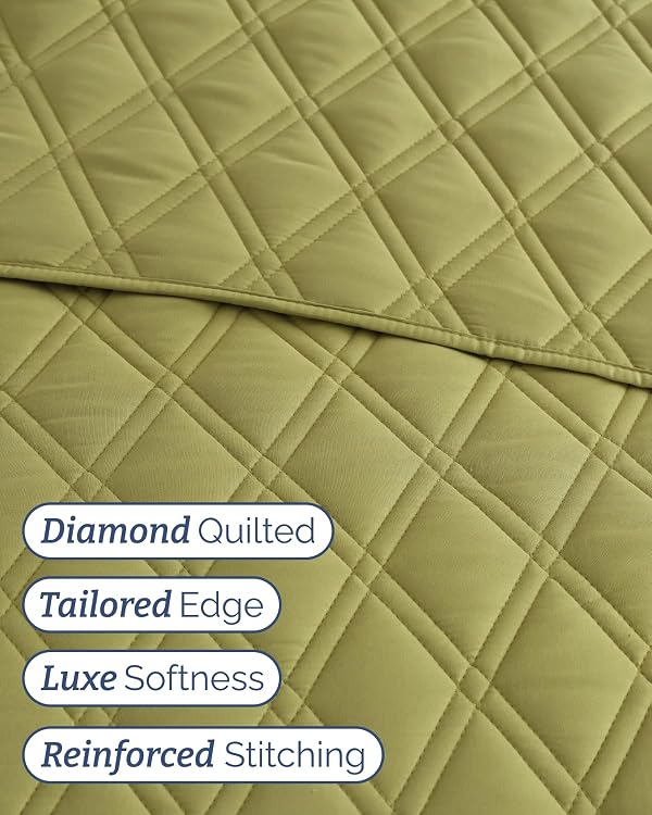 Quilt Set Cal King - Boho Set, Diamond Stitch - Olive Green, 118" x 106" by CGK Unlimited - Used condition - Image 5