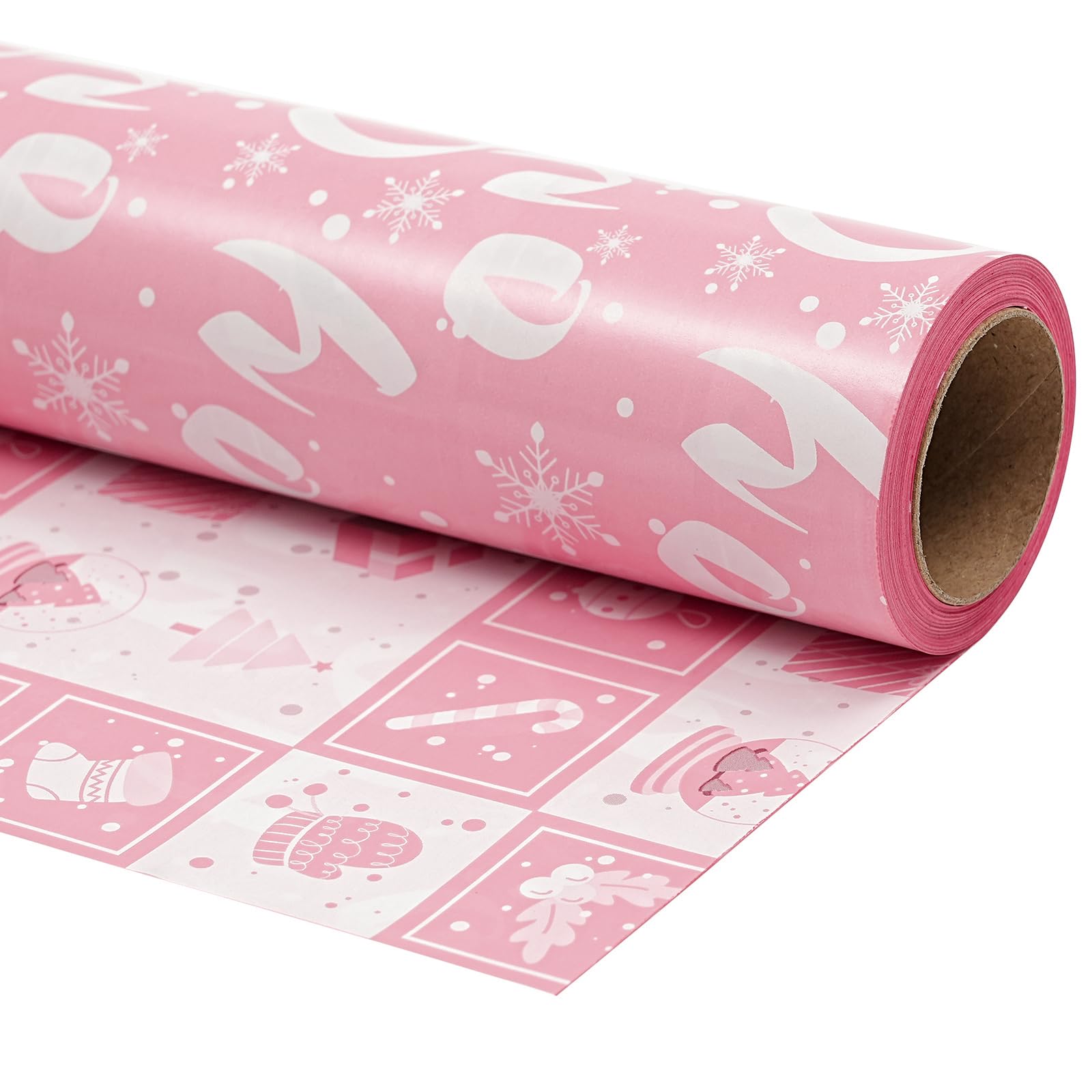 Ulmasinn Reversible Christmas Wrapping Paper Pink Mini Roll 17 Inches X 33 Feet for Girls Kids,printed with “Ho Ho” and Pink Holiday Collection Design for Festivals, Parties, Celebrations
