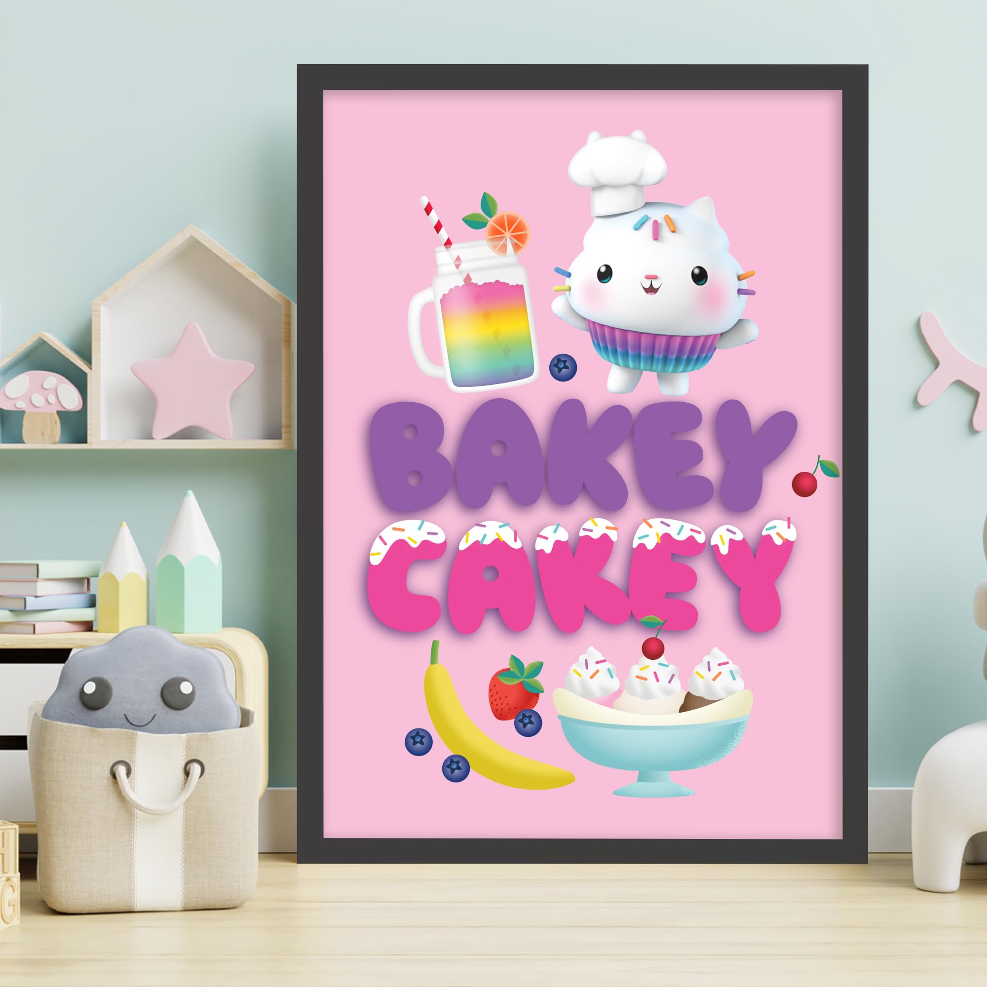 Themed Pink Gabby's Dollhouse Print - Cakey Cat Bakey Cakey Poster Kids Wall Art (21Cm X 29.7Cm - A4)