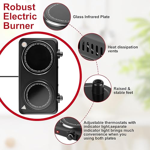 Miniatura 6 de Placa caliente de 1800 W, estufa eléctrica portátil para encimera, quemador infrarrojo de doble quemador con placa de cerámica de 7.5 y 6.3