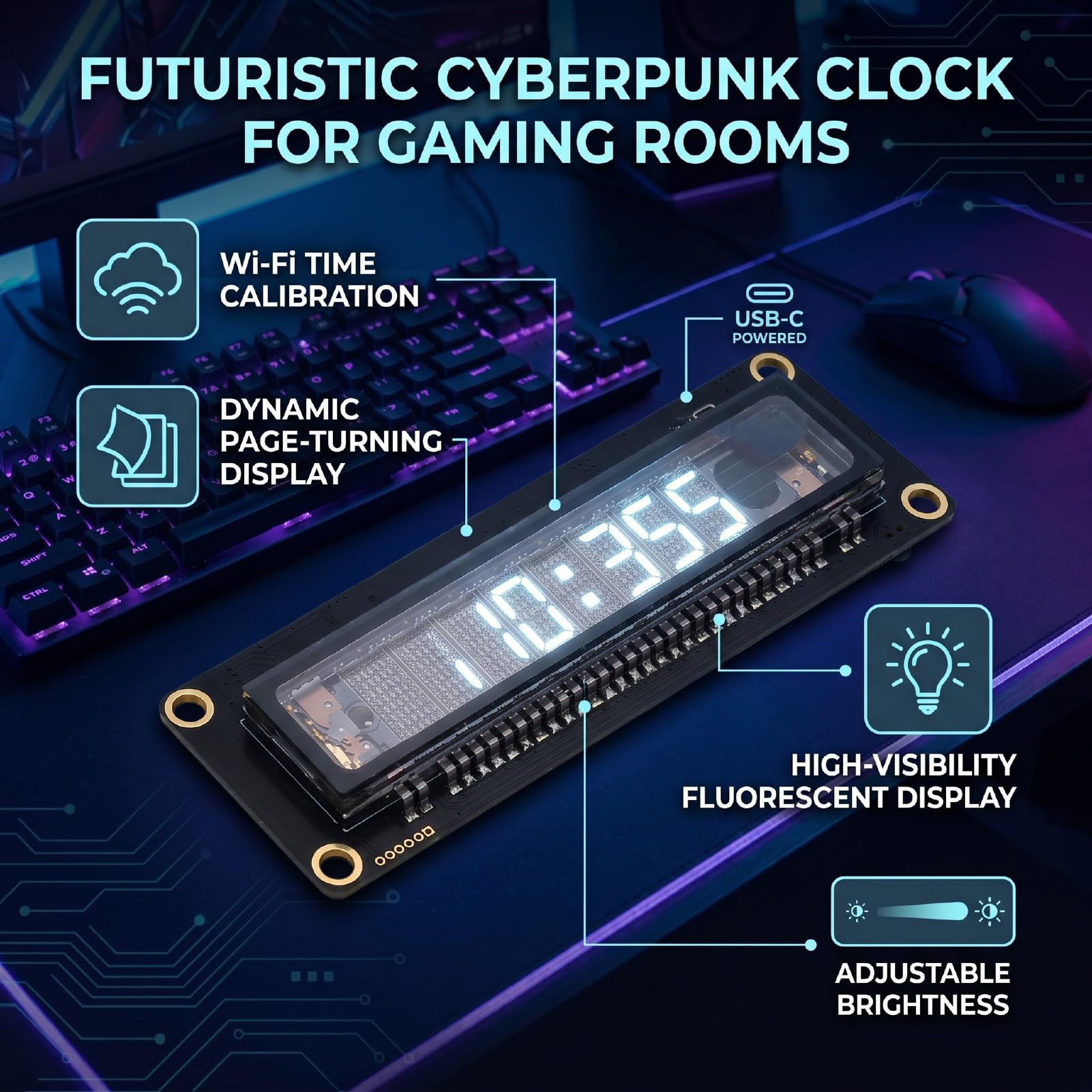 Naroote Despertador con Pantalla, Pequeño Reloj de Sobremesa con Pantalla Fluorescente, Calibración Inteligente de la Hora, Brillo Ajustable, para el Dormitorio, la Oficina