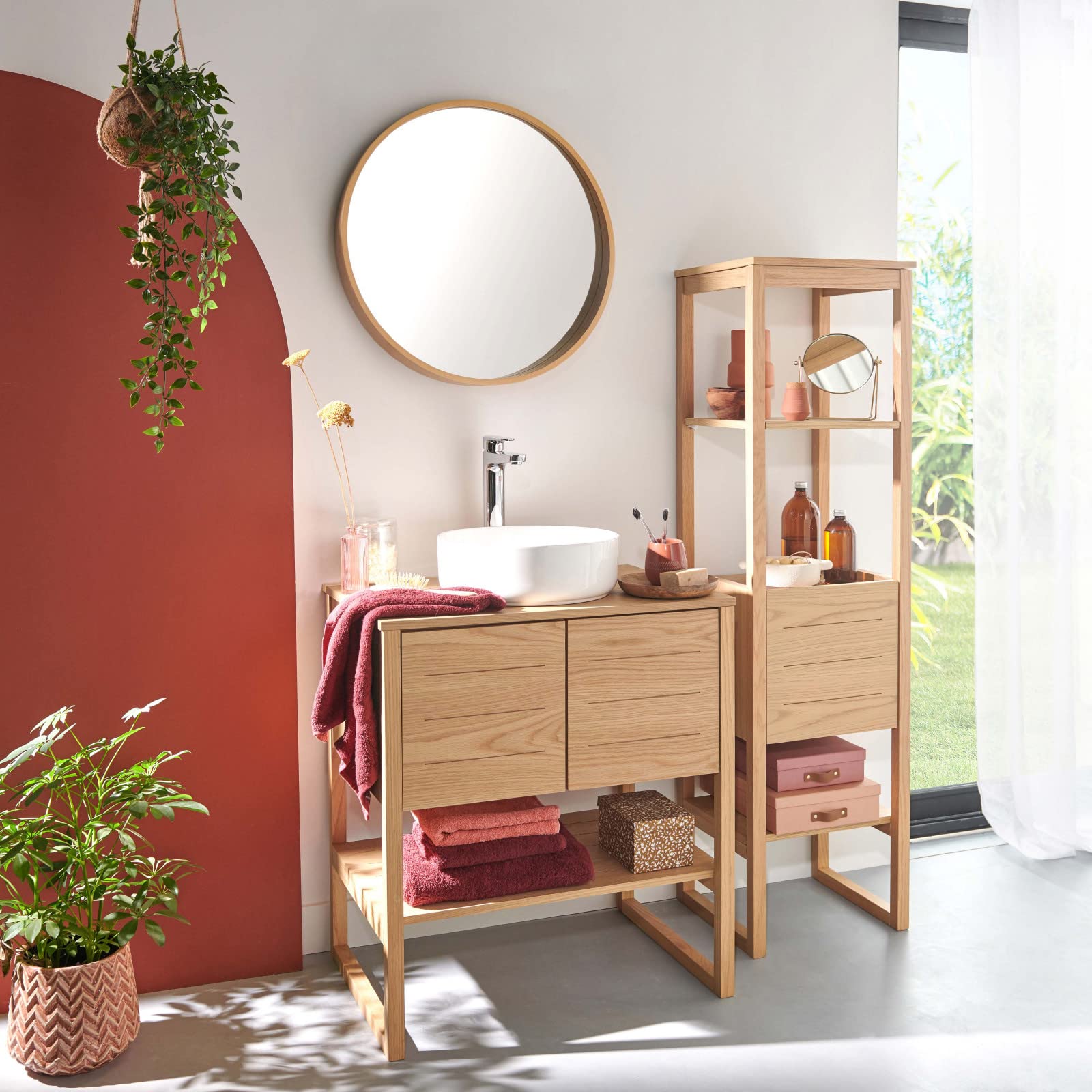 Mueble de baño de roble de 70 cm con columna + espejo redondo de 60 cm + Lavabo redondo 37 cm