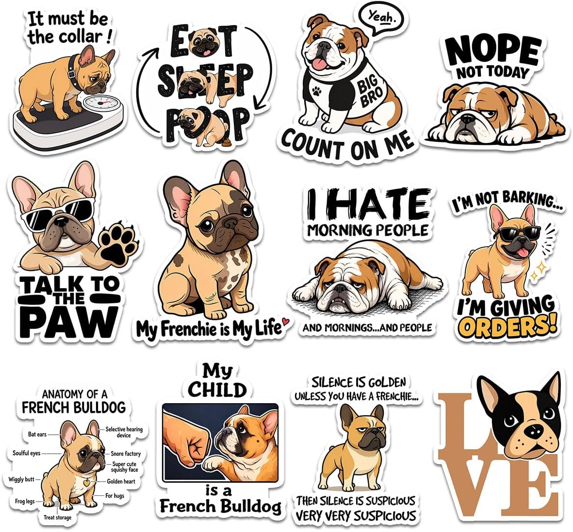 (12pcs-3in) French Bulldog Sticker Stickers Funny Frenchie Dog Lover Gifts