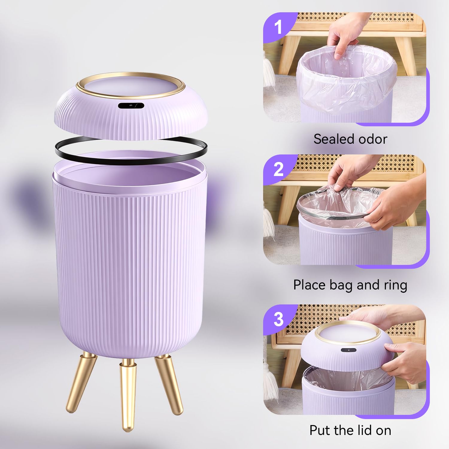 Papelera de baño con sensor de movimiento con tapa, papelera automática de 3 galones/11 litros, cubo de basura sin contacto con patas extraíbles para cocina, oficina, inodoro, dormitorio, cubo