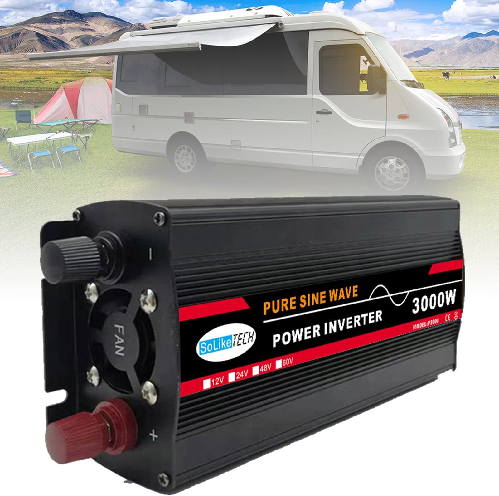 3000W-12000W Pure Sine Wave Power Inverter, DC (12/24/48/60V) to AC (110/V220V), Dual Digital Display + 1 Universal Socket, Solar System - Solar Panel, for Home/Outdoor/RV/Camping,3000W-60V