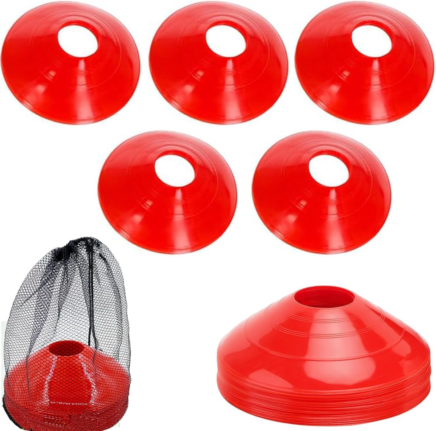 25pcs Pro Disc Cones, Soccer Cones for Sports Training,Mini Football Cones & Mesh Bag Sign Disc Obstacle for Bikes Football Sports Games Field Cone Markers& Any Ball Game to Mark, Field Markers(Red)