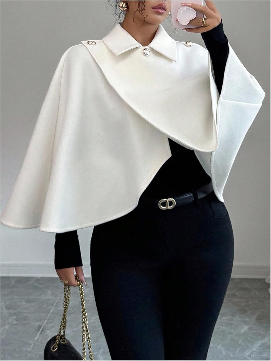 MakeMeChic Women's Wrap Collared Cape Jacket Loose Fit Business Fall Cropped Coat Outerwear - Image 4