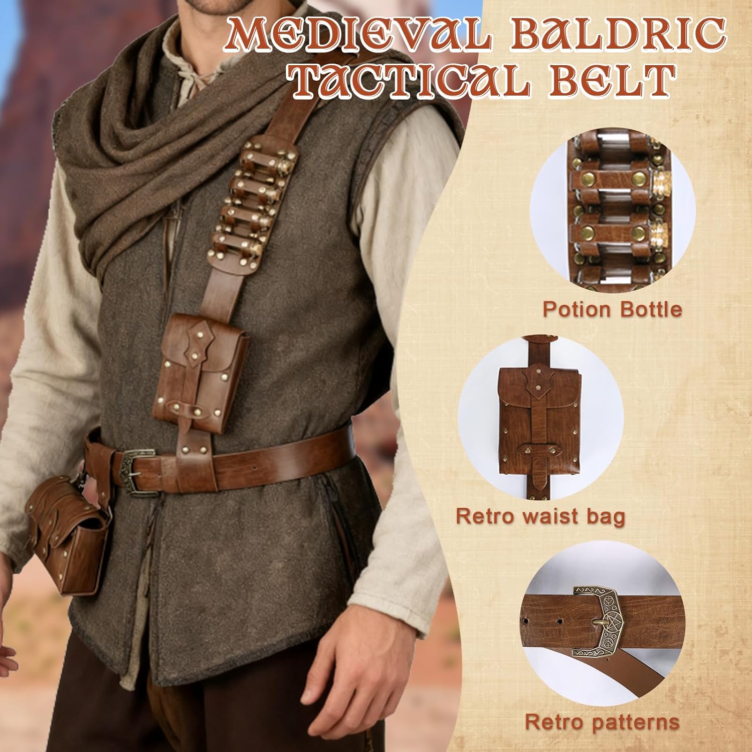 Medieval Baldric Belt Bag Adjustable Renaissance Faux Leather Accessory with Fantasy Alchemy Potion Bottle Holder