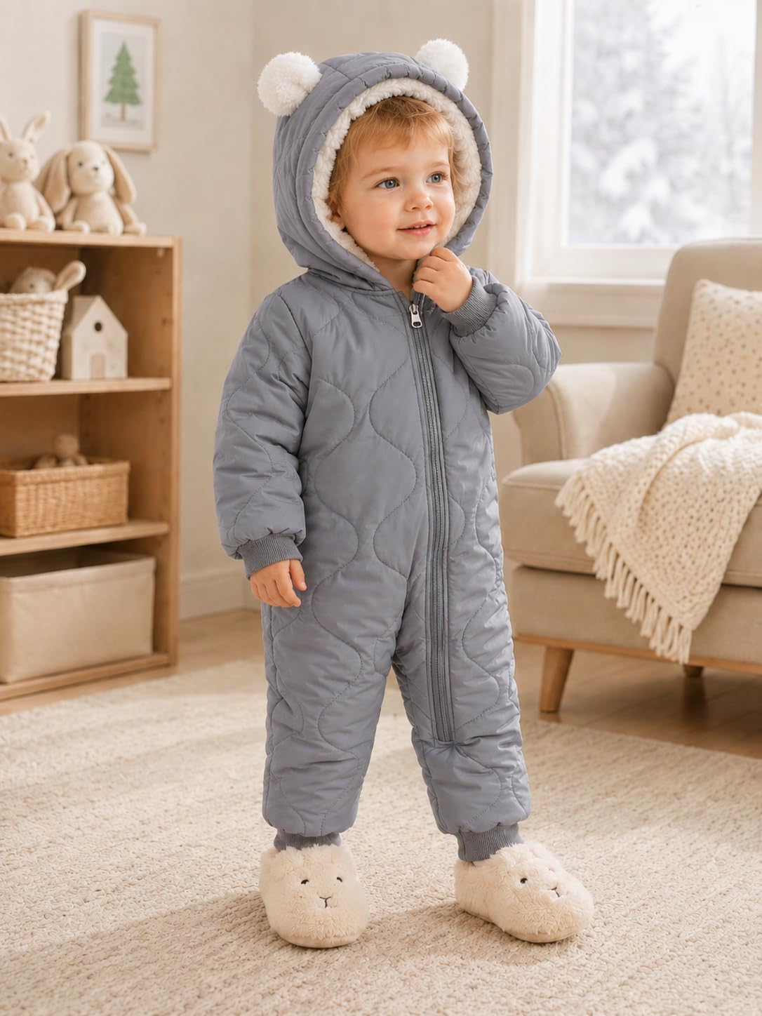 Baby Winter Overall mit Kapuze Junge Mädchen Schneenanzüge Fleece Winddicht Kleinkind Winterjacke Neugeborenes Dickes Reißverschluss Strampelanzug