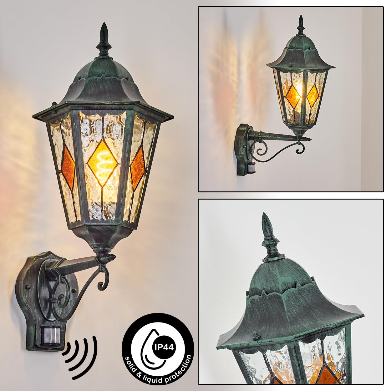 HOFSTEIN Außenwandleuchte Hongkong, Außenwandlampe mit Bewegungsmelder aus Metall/Glas in Schwarz/Grün/Klar/Orange, Wandleuchte außen Vintage/Antik/Landhaus, E27, IP44, Garten, Außenbereich, Haustür