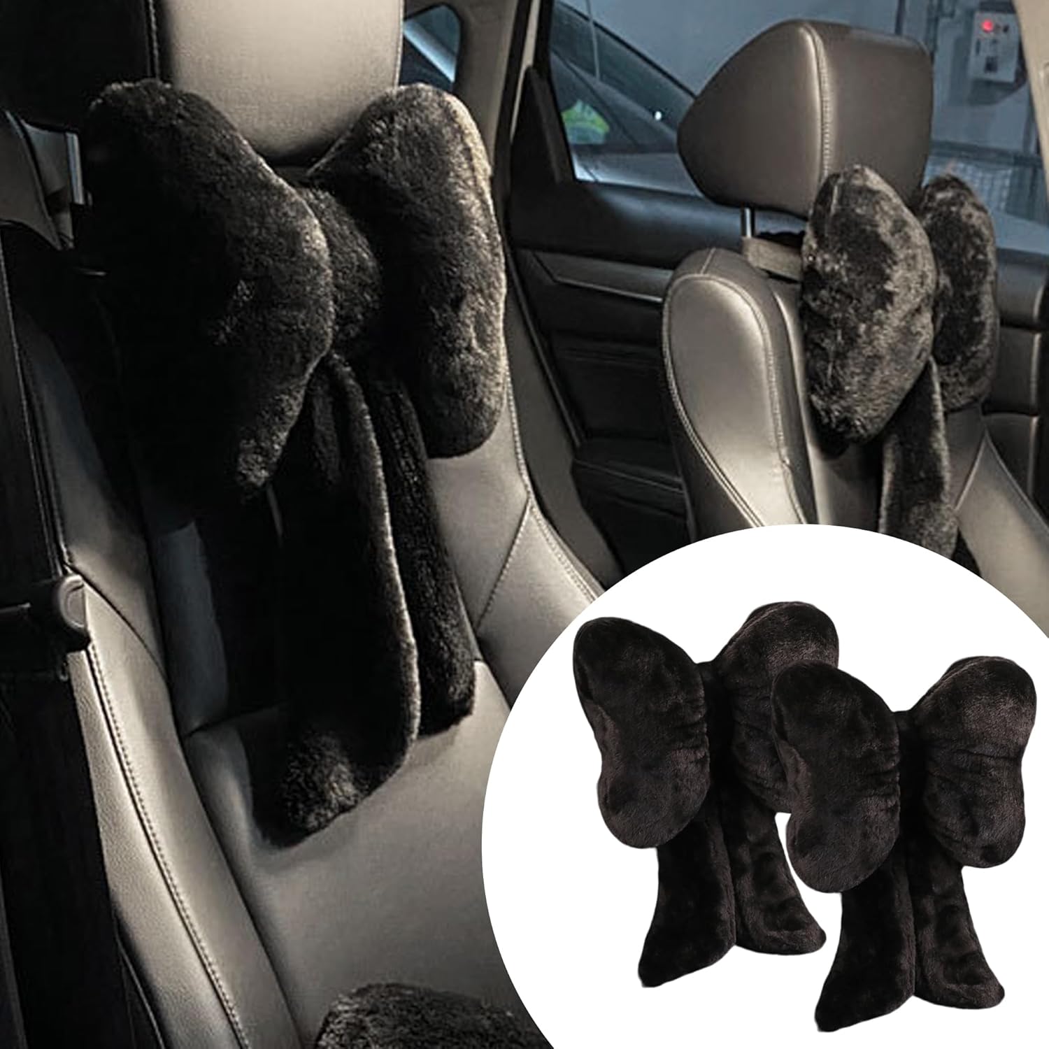 Car Neck Pillow 2PCS Plush Bowknot Car Headrest Pillow – Comfortable Neck Support for Driving Soft Touch Fabric Car Pillow Cute Interior Decor (Black)