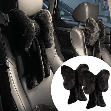 Car Neck Pillow 2PCS Plush Bowknot Car Headrest Pillow Comfortable Neck Support for Driving Soft Touch Fabric Car Pillow Cute Interior Decor Black