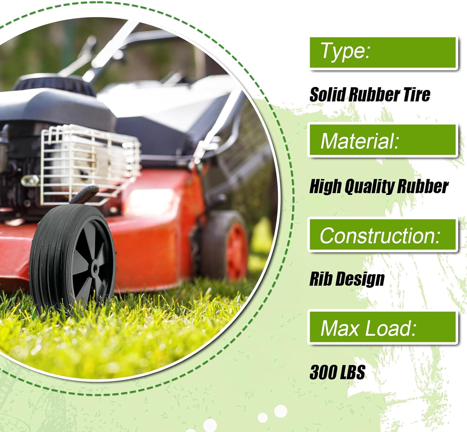 2-Pack 10x1.75 Solid Rubber Wheel Assembly，1-3/4”Centered Hub with 5/8”Axle Bore Hole,10 Inch Ribbed Tread Wheel for hand trucks Utility Carts, lawnmowers Replacement.