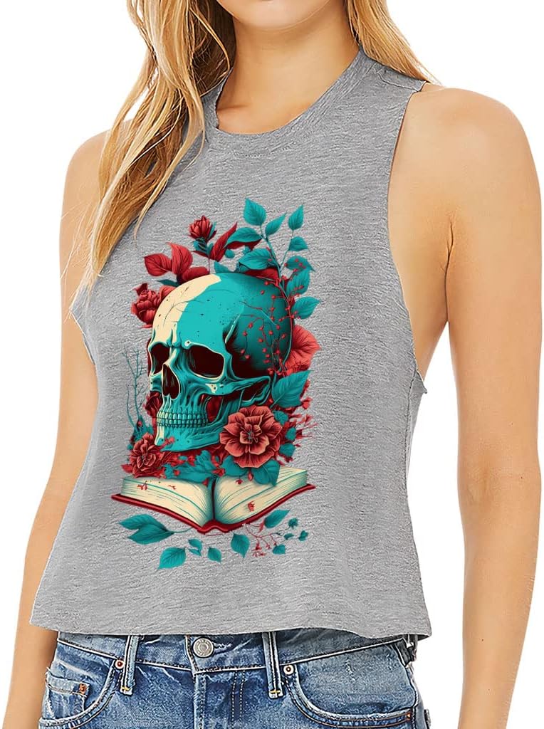 Skull Graphic Racerback Cropped Tank - Gothic Themed Women's Tank - Unique Tank Top - Athletic Heather, XL