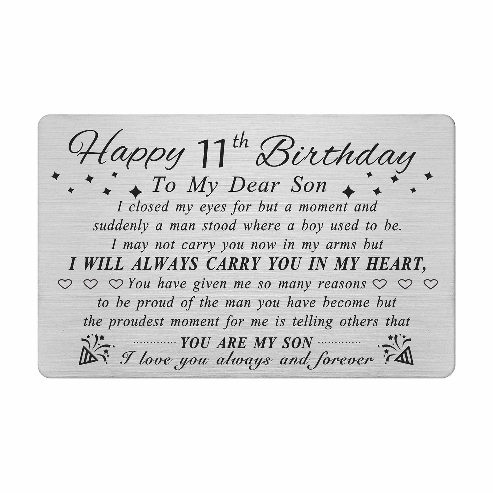 DEGASKEN 11th Birthday Decorations for Boys, Son 11th Birthday Card for Boys, Happy 11 Year Old Bday Gifts for Son, Metal Engraved Wallet Card