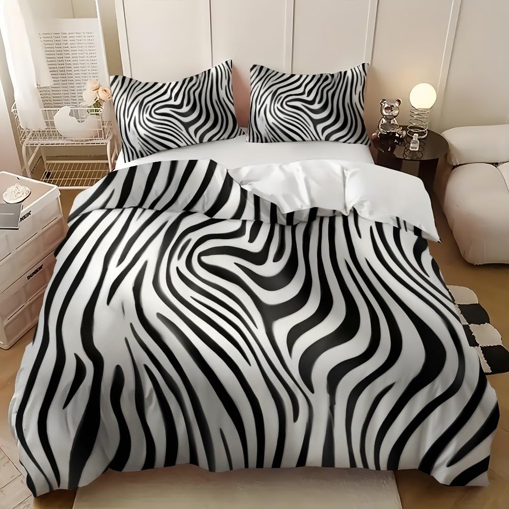 Housse de couette zèbre 90x190 cm pour chambre d'enfant ou d'adulte au style graphique noir et blanc