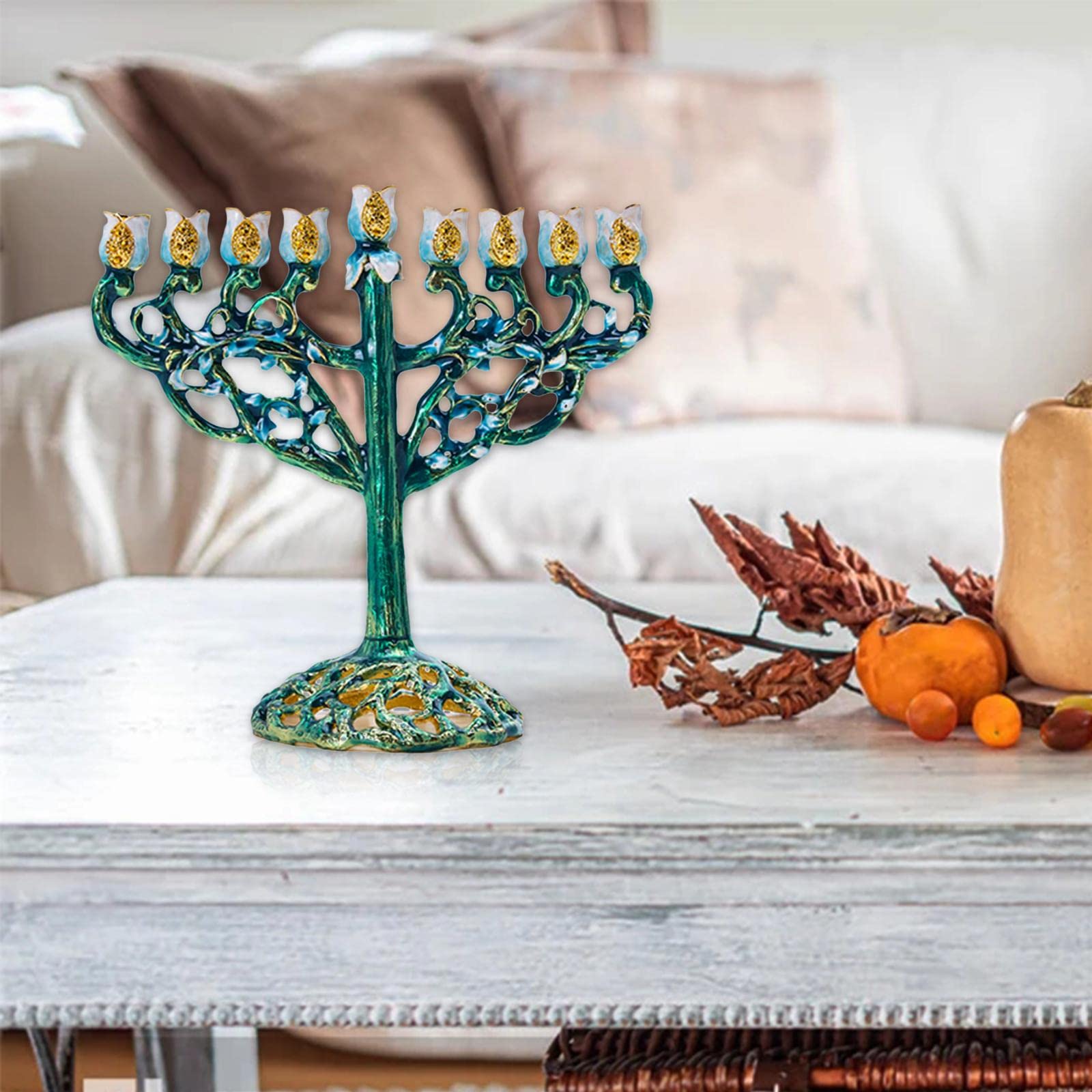 Baoblaze Menorah smaltato Hanukkah Dipinto a Mano Bejeweled Jewish con candelabri ingioiellati Accenti - Verde