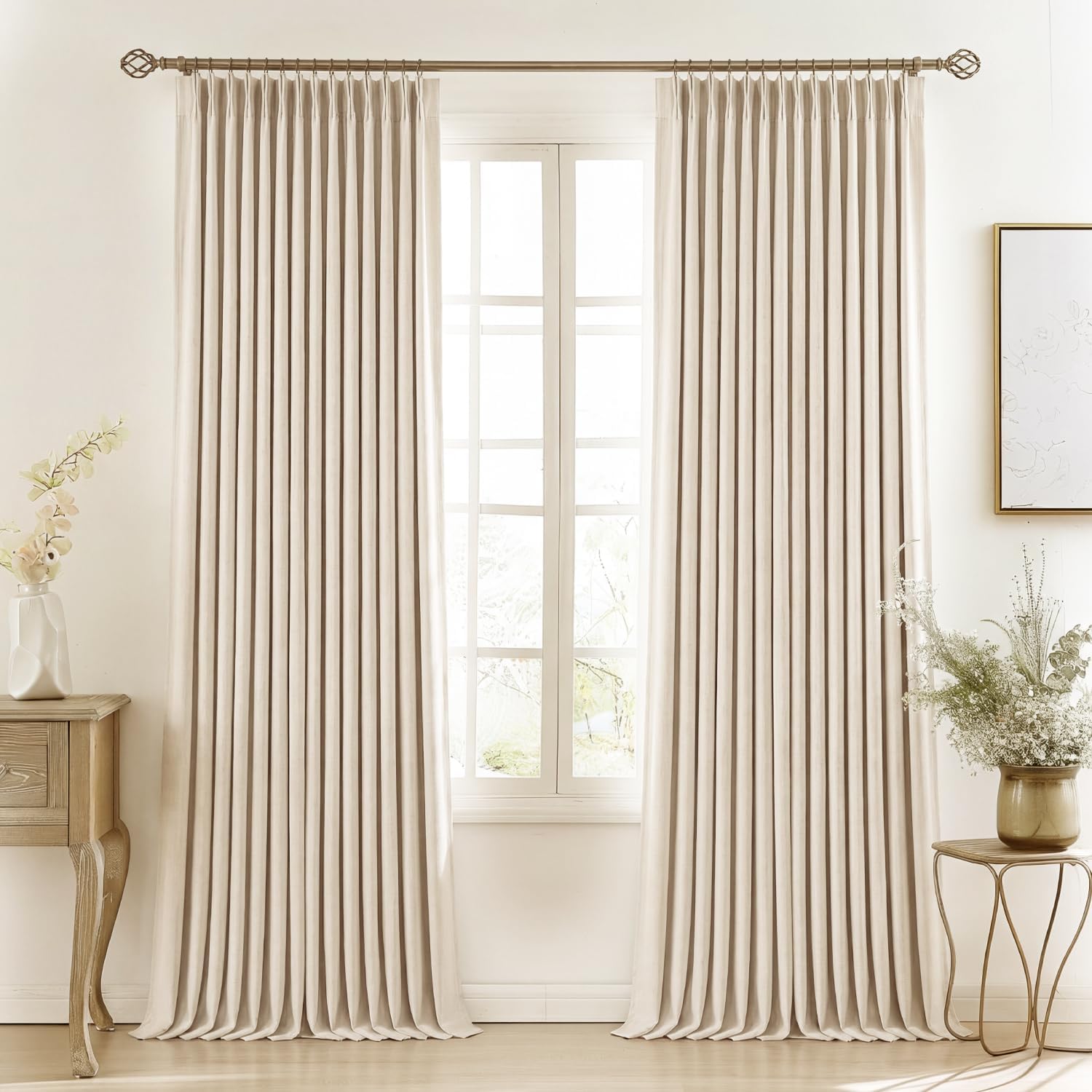 Lirien Pinch Pleated Blackout Curtains for Living Room Bedroom,100% Blackout Linen Textured Double Layer Drapes with Rings & Hooks,2 Panels Set,Natural,45" W x 90" L