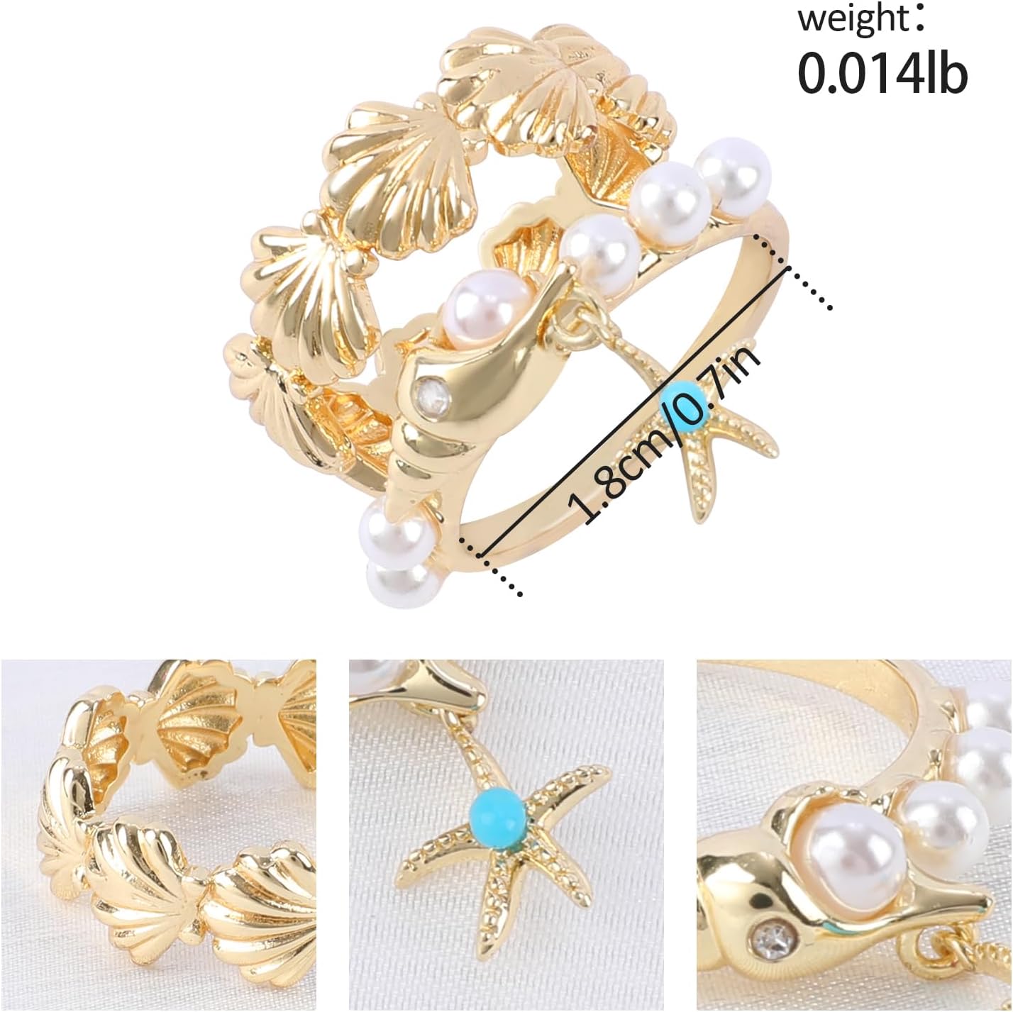 Shell Ring Flower for Women, Double Layer 14k Gold Plated Seashell Pearl Pink Daisy Flower Ring with Starfish Dangle Ocean Theme Stackable Ring Handmade Bohemian Beach Rings Gift for Ocean Lovers - Image 2
