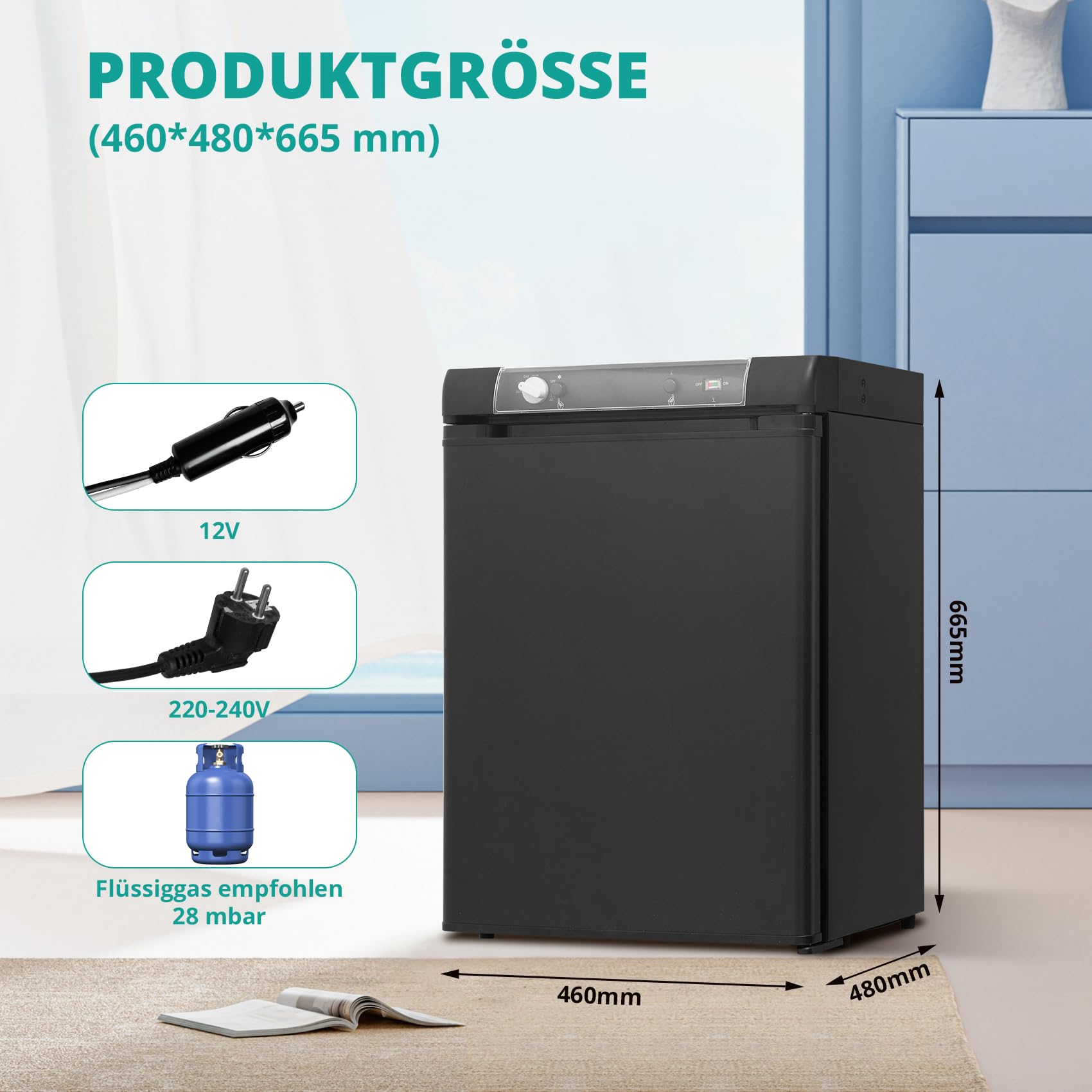 SMETA Gas-Kühlschrank 3-Wege | 60 Liter | Absorptionstechnik | 12V DC / 230V AC /0–10°C | Türanschlag wechselbar | Höhenverstellbare Füße | Ideal für Wohnmobil, Caravan, Camping, LKW – Schwarz