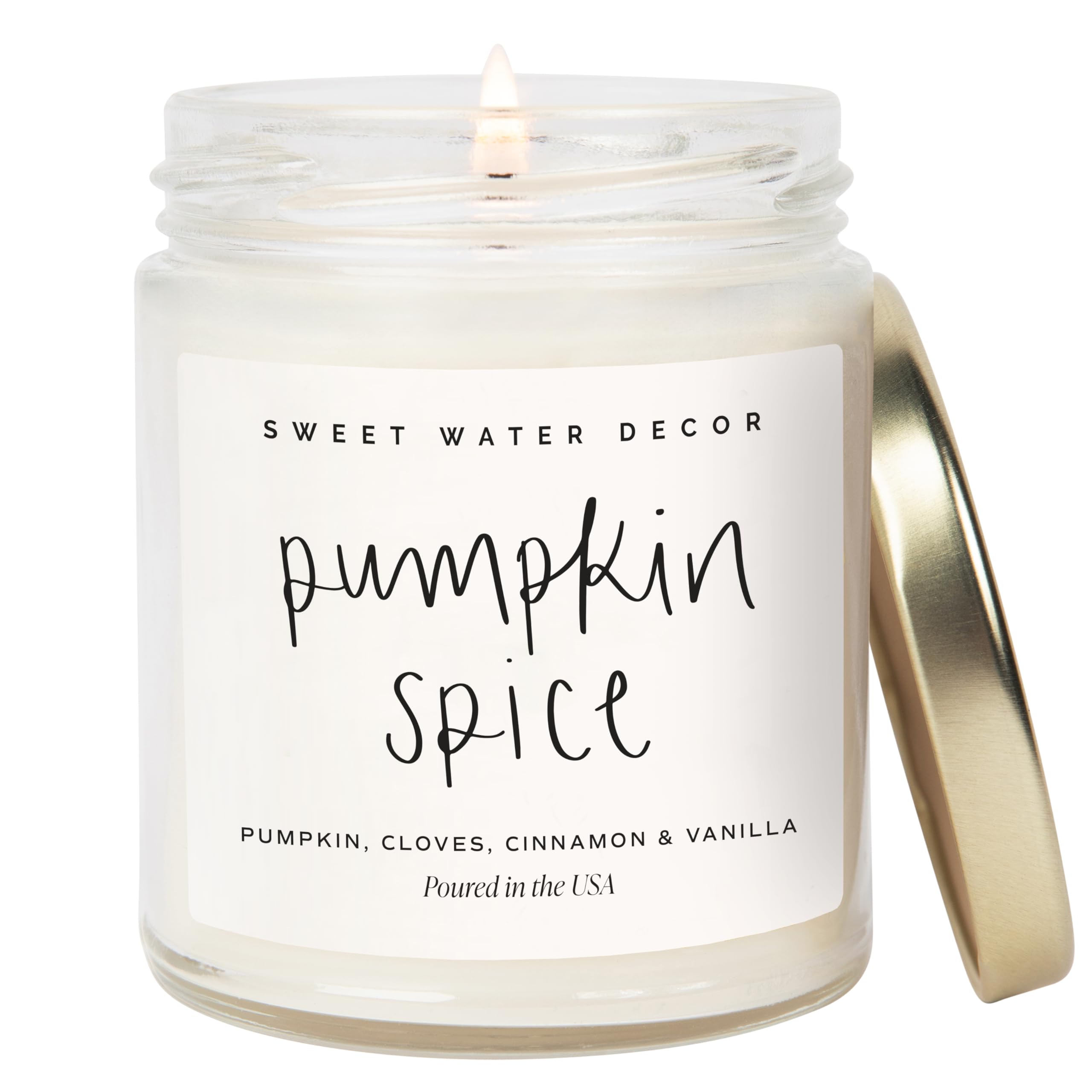Sweet Water Decor Pumpkin Spice Candle - Fall Candles with Pumpkin, Clover, Cinnamon & Vanilla Scent for Home - Autumn Candle with 40 Hours Burn Time - 9Oz Gold Lid Clear Jar Cozy Soy Candles