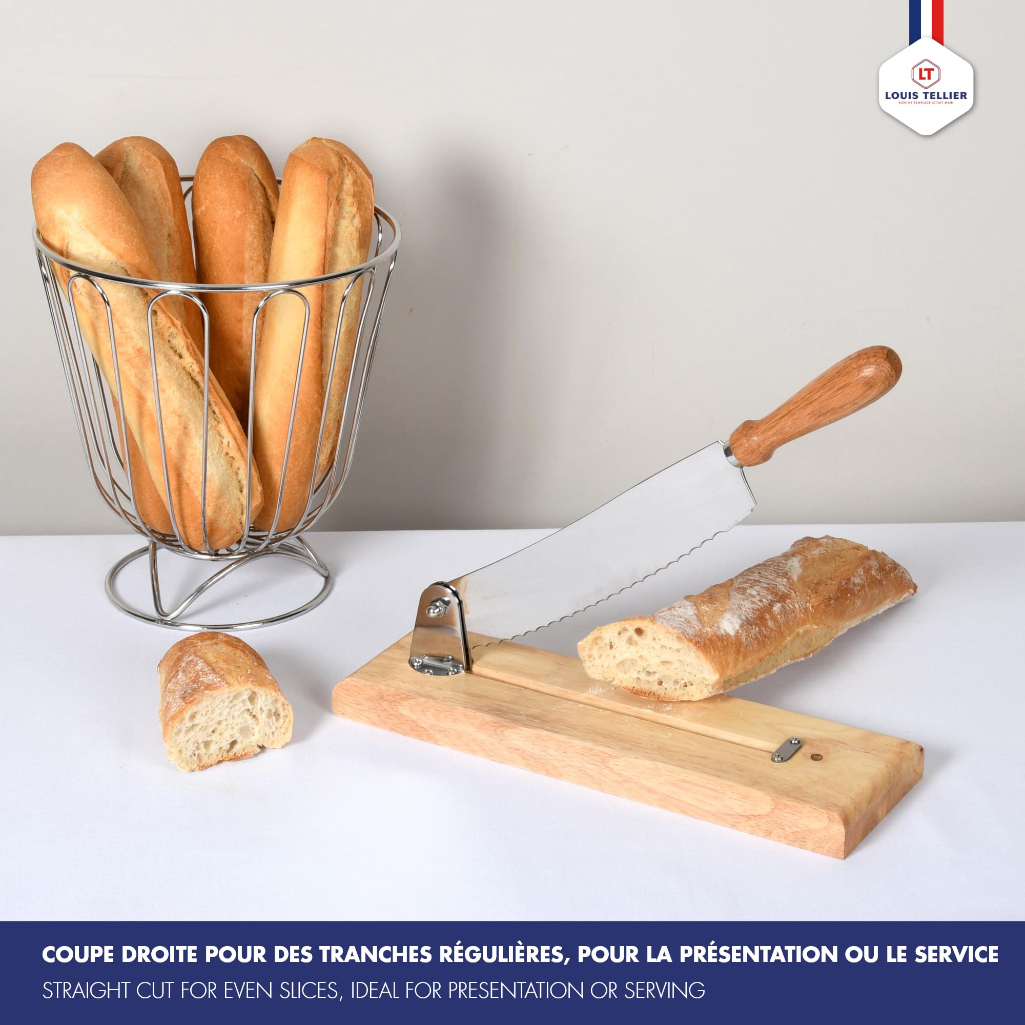 Louis Tellier Coupe-Pain avec Socle en Bois – Lame Droite 25 cm – Tranche-Pain Manuel – Découpe Rapide et Précise – Ergonomique et Sécurisé