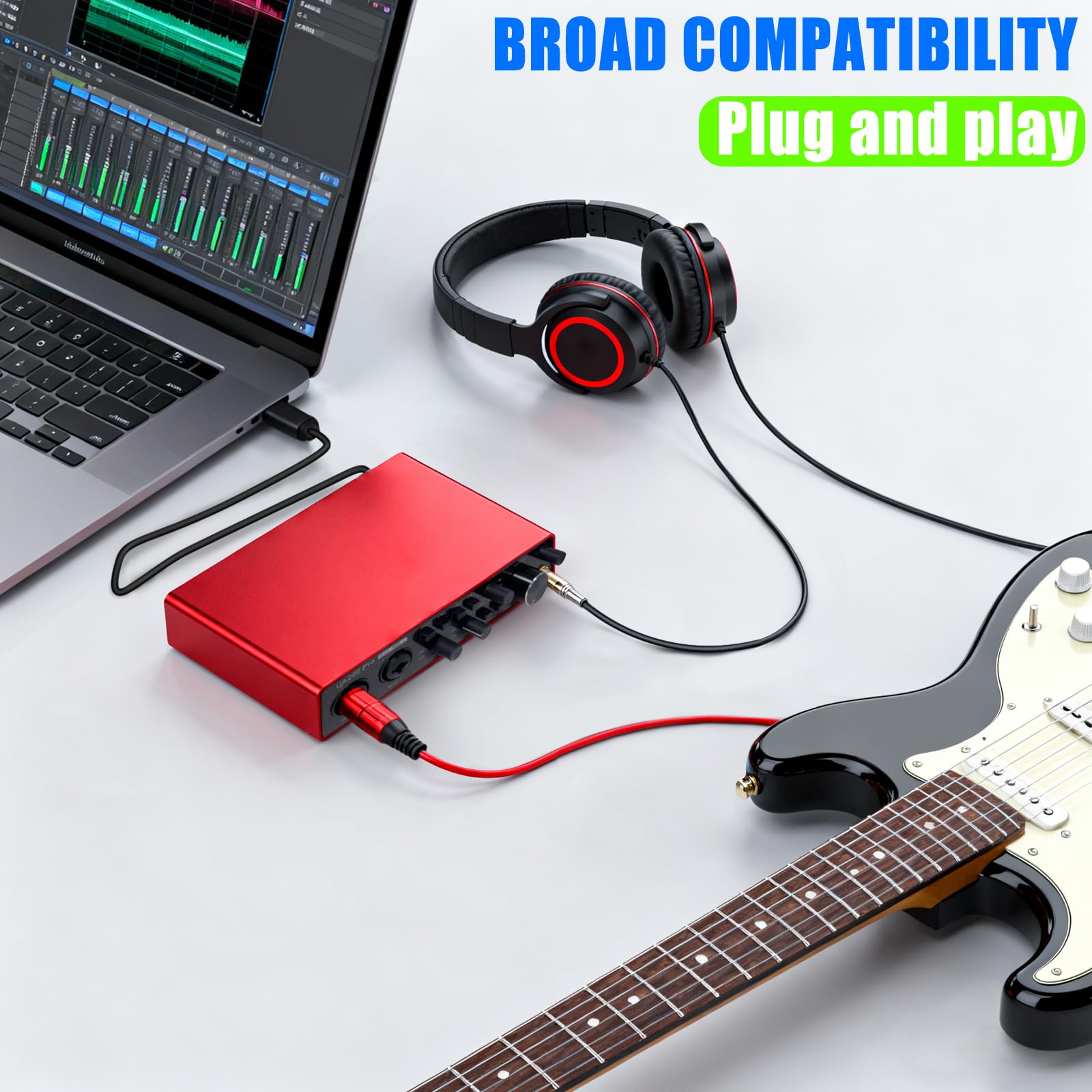 USB-Audio-Interface für Computeraufnahmen (rot), 2-Kanal-Gitarren-Audio-Interface, 32Bit/192kHz Podcasting Streaming mit 48V Phantomspeisung
